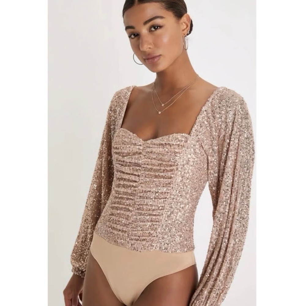 Lulu's Sequin Long Sleeve Bodysuit Top - Champagne